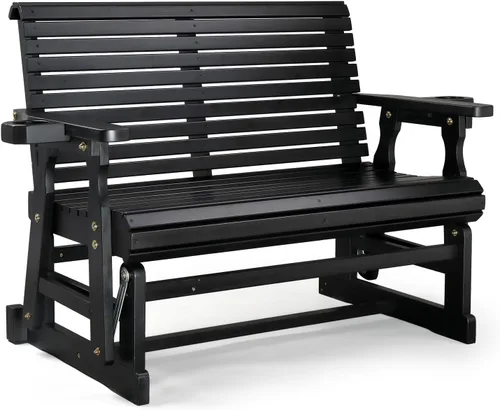 Miniatura 12 de VINGLI Planeador de madera para patio, resistente de 600 libras para exteriores con portavasos, banco de madera individual con respaldo alto