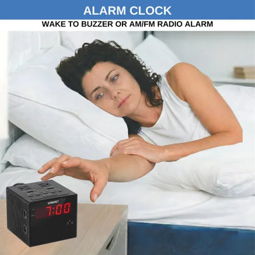 Miniatura 5 de Sonnet Estación de carga de reloj despertador, radio AM FM, puertos de carga USB duales, salidas de CA duales, reloj despertador muy fuerte