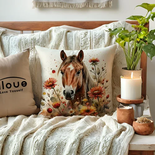 Miniatura 2 de ULOVE LOVE YOURSELF Paquete de 4 fundas de almohada de caballo con flores silvestres, fundas de almohada de caballo en acuarela rústica para Marrón