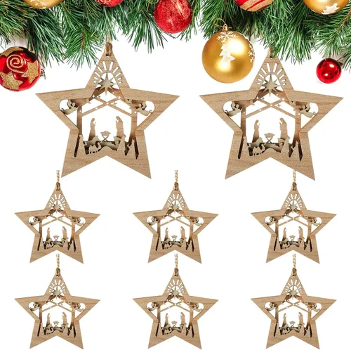 Miniatura 13 de Blulu Juego de 4 piezas de adornos navideños de escena de la natividad, set de regalo a granel, adorno colgante de madera cristiano 3D para árbol