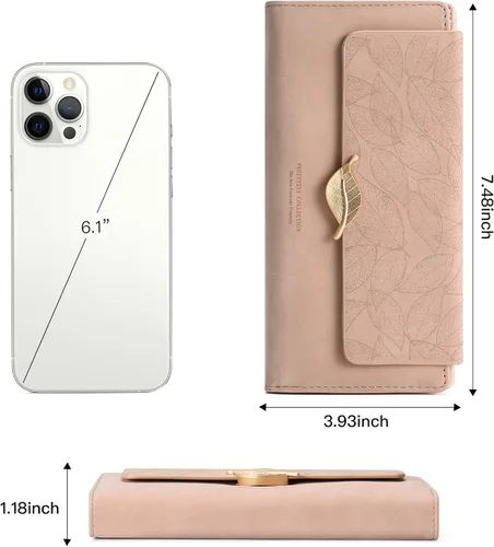 Miniatura 3 de Cartera de cuero para mujer, con bloqueo RFID, gran capacidad, triple tarjetero, carteras, monedero largo con ventana de identificación, C02 Rosa