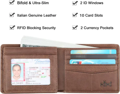 Miniatura 45 de HIMI - Cartera elegante de cuero auténtico para hombre, con bloqueo de interferencia de radiofrecuencia (RFID), con 2 ventanas para identificación