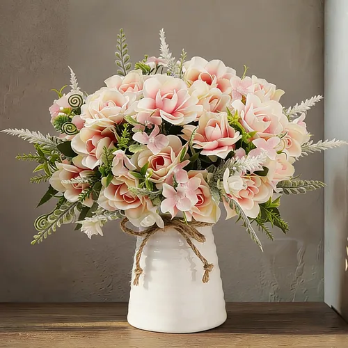 Miniatura 9 de LESING Flores artificiales con jarrón para centros de mesa, flor de gardenia de seda falsa en decoración de jarrón para fiesta en casa oficina (rosa)