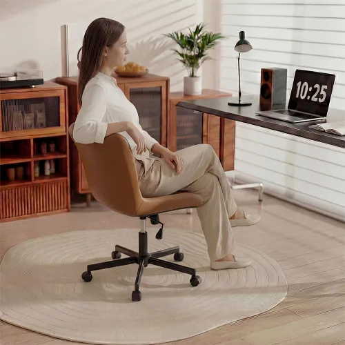 Miniatura 3 de Silla de escritorio sin brazos de cuero marrón, cojín ergonómico suave, altura ajustable, balanceo, oficina en casa