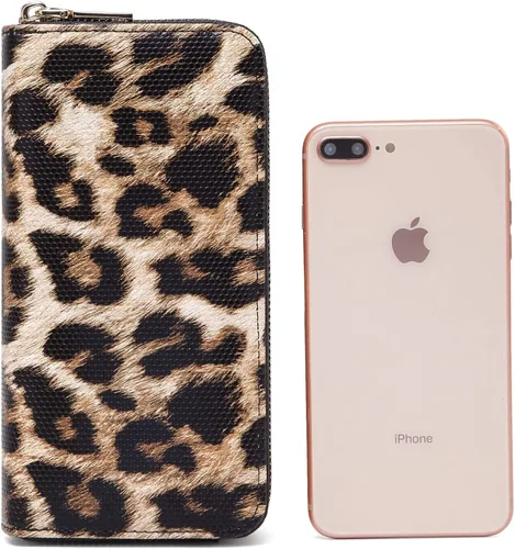 Miniatura 2 de Nabegum Cartera de leopardo para mujer con estampado de guepardo doble cremallera gran capacidad para tarjetas de crédito marrón
