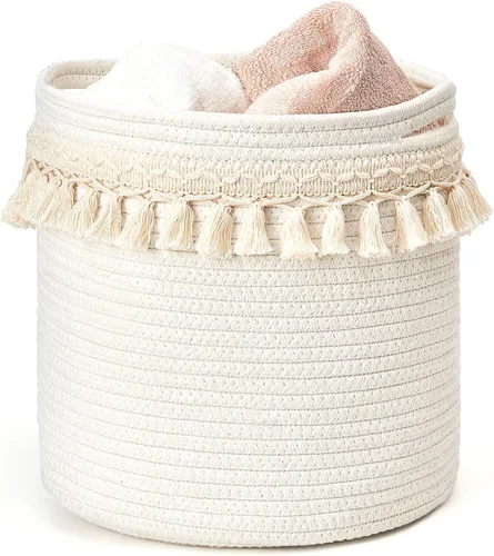 Mkono - Cesta decorativa de macramé de cuerda de algodón estilo bohemio para guardería, pequeña y bonita con borlas tejidas, organizador de