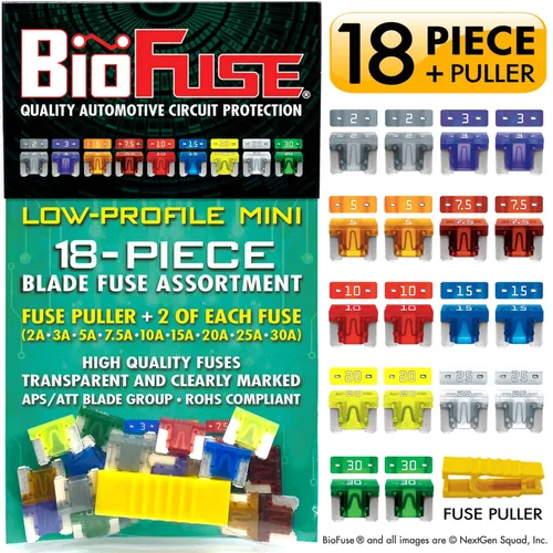 Paquete surtido de 18 fusibles para automóvil de perfil bajo Mini ATT (juego de 18 fusibles LP-Mini Blade + extractor de fusibles) 2A 3A 5A 7.5A 10A