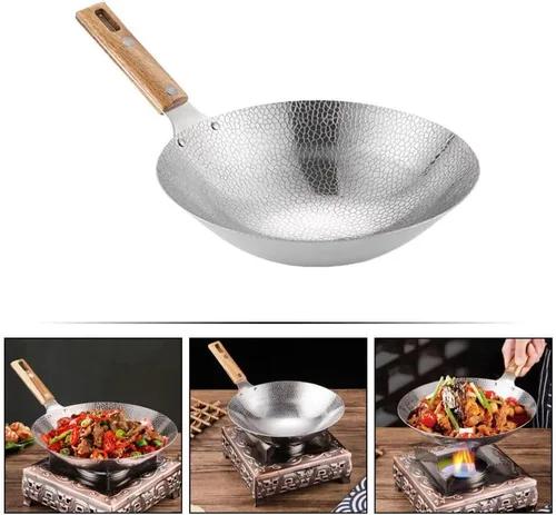 Miniatura 6 de Luxshiny Wok de acero inoxidable de 13.38 pulgadas con mango de madera, sartén de cocina para el hogar para freír vapor y olla caliente utensilios
