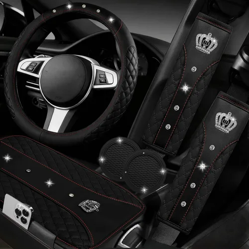 NBTEPEM Juego de 6 accesorios brillantes para automóvil, fundas universales de cuero para volante de 14.5-15 pulgadas, funda para consola central,