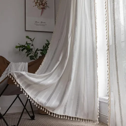 Miniatura 18 de 2 paneles de cortinas de lino semiopacas para ventana, bohemias y rústicas, con rayas bordadas y bolsillo para cortinero, para sala de estar
