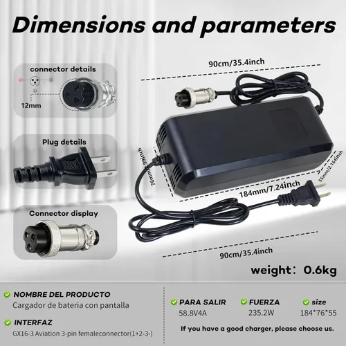 Miniatura 8 de Cargador de batería de litio de 58.8 V 4 A para scooter eléctrico de bicicleta eléctrica, cargador de batería Ebike para baterías de iones de litio