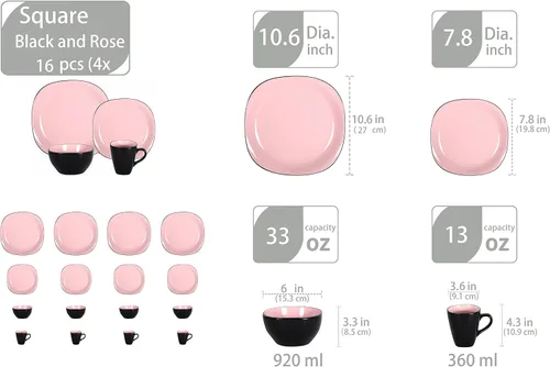 Miniatura 2 de juego de vajilla de cerámica de 16 piezas en forma cuadrada, interior rosa brillante + exterior negro mate