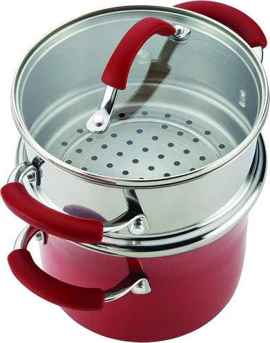 Miniatura 5 de Rachael Ray juego de ollas esmaltadas cubiertas de antiadherente con vaporera, Rojo arándano
