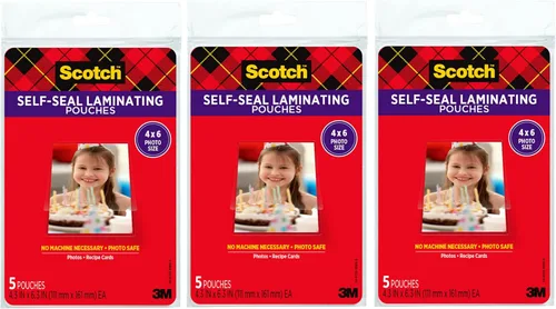 Bolsas laminadas autosellables Scotch, 10 x 15 cm, paquete de 3 con 5 bolsas – Sin necesidad de máquina, transparente, seguro para fotos