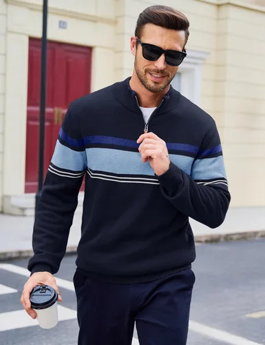 Miniatura 8 de MAGCOMSEN Suéteres de algodón con cremallera de 1/4 para hombre, suéter tipo polo, a rayas, para otoño e invierno, sudaderas cálidas
