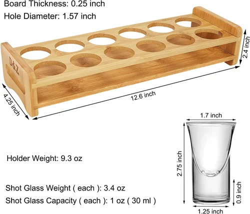 Miniatura 5 de D&Z Soporte de vidrio de chupito de madera de bambú con 12 vasos de chupito transparentes de 1 oz de cristal Soporte para 12 disparos (ZM-2x6)