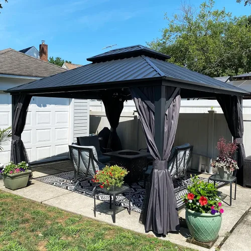 Miniatura 48 de PURPLE LEAF Glorieta de 6' X 8' con techo rígido para parrilla de patio, glorieta de barbacoa de aluminio con toldo, 24 bombillas LED transparentes