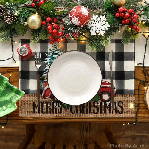Miniatura 2 de Artoid Mode Manteles Individuales de Camión a Cuadros Buffalo Plaid Feliz Navidad Juego de 4, 12x18 Pulgadas Manteles de Mesa de Árbol de Navidad
