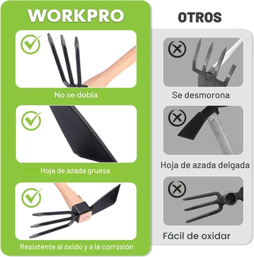 Miniatura 5 de WORKPRO Azada y Cultivador Rastrillo de Jardín con Mango de Madera de 14", Hoja de Azada Afilada y Cultivador Resistente de 3 Garras, Herramientas