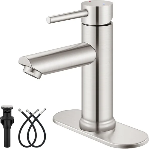 Aolemi Grifo de baño de un solo agujero, grifo de lavabo de baño de una sola manija con líneas de suministro, con drenaje desplegable y placa de