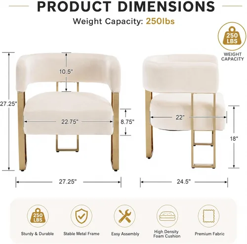 Miniatura 2 de Silla de acento barril para sala de estar con patas de metal dorado, silla lateral de terciopelo suave tapizada para dormitorio, sillón de lectura