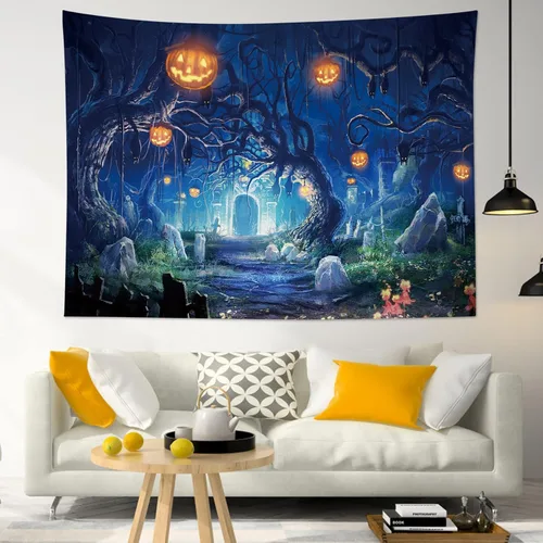 Miniatura 4 de HVEST Tapiz de noche de Halloween, tapiz para colgar en la pared, bosque embrujado con tumba y calabazas, manta de pared para dormitorio, sala