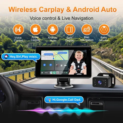 Miniatura 2 de Cámara de coche para bebé con pantalla inalámbrica CarPlay de 7 pulgadas, compatible con Apple CarPlay y Android Auto, cámara de coche de visión