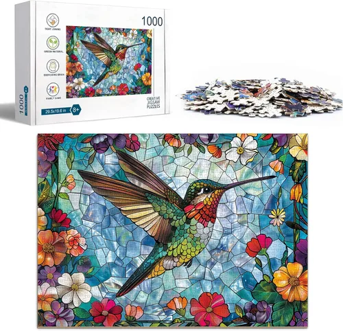 Miniatura 6 de Rompecabezas de colibrí de vidrieras para adultos de 1000 piezas, rompecabezas duros imposibles para adultos, rompecabezas artísticos de 1000 piezas
