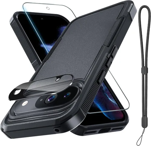 Miniatura 13 de Janmitta Funda para Google Pixel 9 Pro XL con protector de pantalla + protector de lente de cámara + correa de muñeca, resistente a prueba de NEGRO
