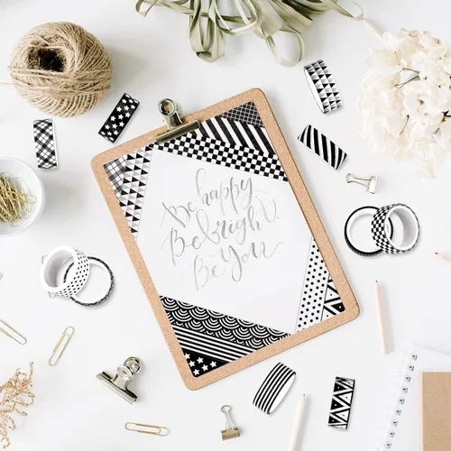 Miniatura 7 de Whaline 10 rollos de cintas Washi de color blanco y negro a cuadros, rayas, estrellas, Washi, cinta adhesiva decorativa de patrón geométrico surtido