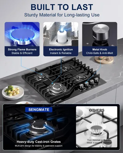 Miniatura 5 de Placa de cocina de gas de 24 pulgadas, estufa de gas de 4 quemadores, diseño integrado o de encimera, vidrio templado negro, convertible a NG/LPG
