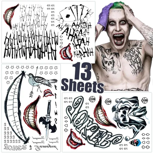 Joker Tattoos 13 hojas, tatuajes temporales de Halloween para hombres, calcomanías de tatuaje falso de escuadrón suicida para adultos, disfraz de