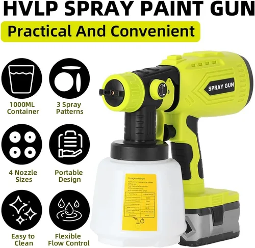 Miniatura 3 de Pulverizador de pintura compatible con batería Ryobi de 18 V, pistola de pintura en aerosol HVLP de 200 W con motor sin escobillas y boquilla de Azul
