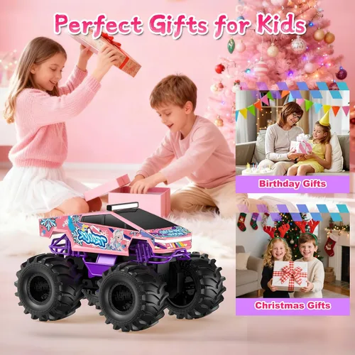 Miniatura 8 de Coche de control remoto para niñas, juguetes de camión monstruo rosa 1:18, autos RC anfibios, camiones RC impermeables de 2.4 GHz, camioneta Rosa