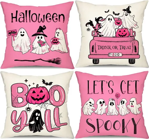 DFXSZ Fundas de almohada de Halloween de 20 x 20 pulgadas, juego de 4 calabazas fantasmas blancas y negras, decoración de camión, fundas de almohada