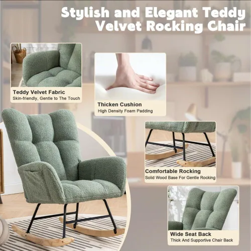 Miniatura 6 de Mecedora de cuarto de bebé con asiento deslizante tapizado en estilo oso de peluche, con respaldo alto, sillón acento con cómodo bolsillo lateral
