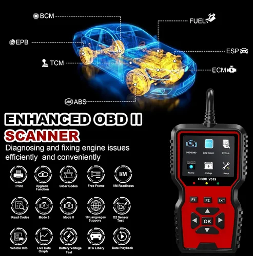 Miniatura 2 de V519 OBD2 Herramienta de diagnóstico escáner – Vechicle Check Motor Lector de código de luz con probador de voltaje de batería, preparación I/M, Rojo
