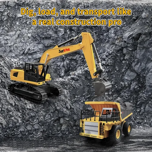 Miniatura 5 de Joylike Juego de excavadora y camión volquete RC, vehículo de construcción con control remoto de metal de 2.4Ghz con luz y sonido, mejor juguete