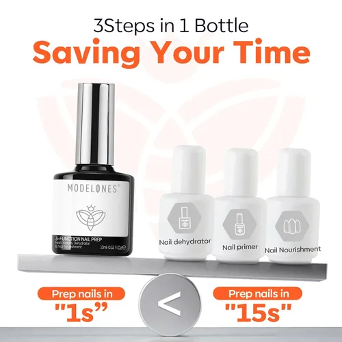 Miniatura 3 de modelones Gel Base Top Coat Set 3 Pcs with 3-in-One Nail Dehydrator & Primer Nourishing Acid Free Dehydrator Nail Prep Kit for Gel Nail Polish