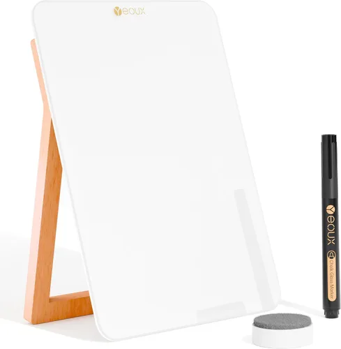 Pizarra blanca de vidrio de escritorio con soporte de madera reversible, pizarra blanca pequeña, mini caballete de pizarra blanca de borrado en seco