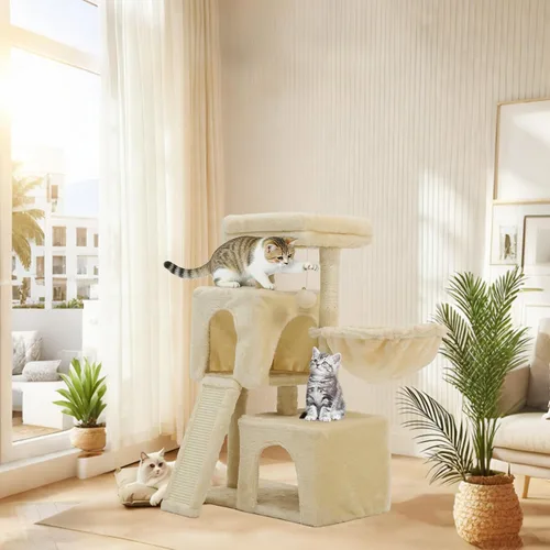 Miniatura 6 de Árbol para gatos de 35.8 pulgadas con cama doble para gatos y hamaca, rascador de felpa con plataforma cómoda para dormir y pelota de juguete