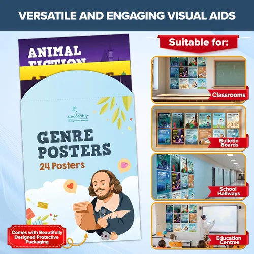 Miniatura 8 de Decorably 24 pósteres de género de libros para aula primaria de 11 x 14 pulgadas, decoración escolar laminada mate, pasillos, tablones de anuncios