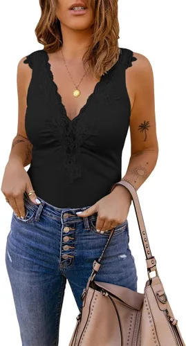 Miniatura 2 de Bigeoosh Chalecos de punto con cuello en V profundo y encaje para mujer, camisetas sin mangas