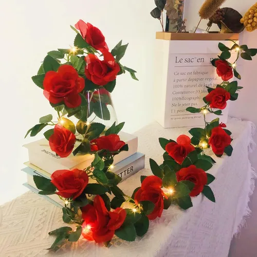 Miniatura 5 de Guirnalda de luces artificiales de vid de rosas de 7.5 pies, funciona con pilas, guirnalda de flores de rosas para San Valentín, boda, dormitorio