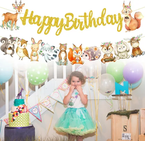 Miniatura 9 de Cartel de feliz cumpleaños de animales del bosque, decoraciones de criaturas del bosque, 2 piezas de pancartas recortadas de animales del bosque