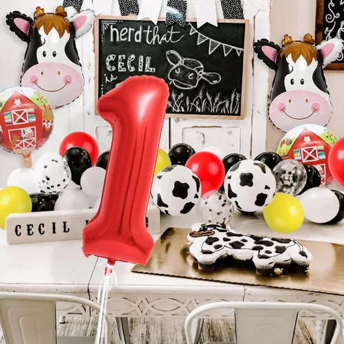 Miniatura 4 de Globos de vaca para decoración de fiesta de cumpleaños de animales de granja, suministros de globos de granero con globo grande número 1