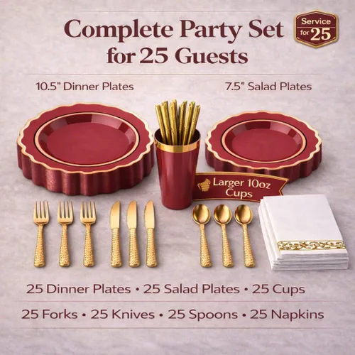 Miniatura 2 de Platos desechables burdeos - 50 platos de plástico granate, juego de vajilla de plástico rojo, 25 vasos de 10 onzas, 75 cubiertos dorados, 25 Borgoña