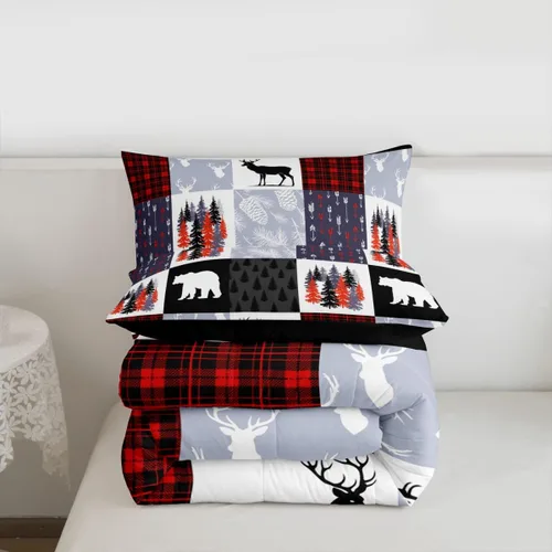 Miniatura 7 de Juego de Funda de Edredón para Adolescentes con Motivo de Caza de Alces y Venados, Juego de Ropa de Cama Navideño con Árboles y Enredaderas de Osos