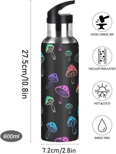 Miniatura 9 de Insulated Water Bottle 20 Oz, Leakproof Water Bottles for Gym Outdoor Travel School, Vibrant Mushrooms Black