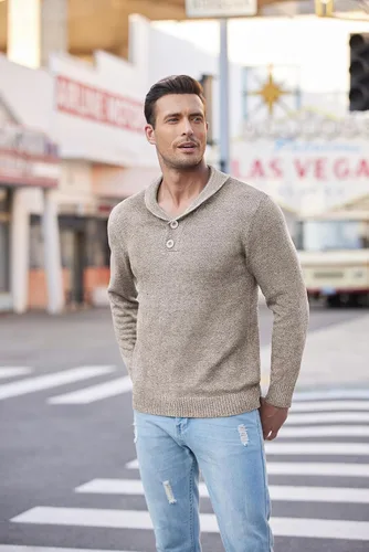 Miniatura 3 de COOFANDY Suéter de moda con cuello Shwal para hombre, suéter de punto trenzado ajustado con botón